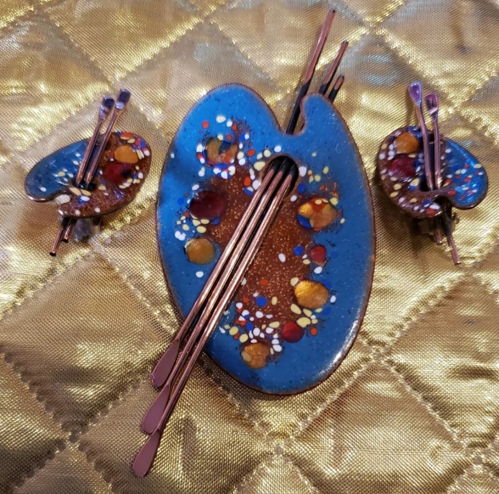 Vintage 1950's MCM Matisse Renoir Copper Artistic Palette Brooch & Earrings Set
